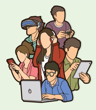 Dijital aygıtlar karikatür grafik vektörü kullanan bir grup insan