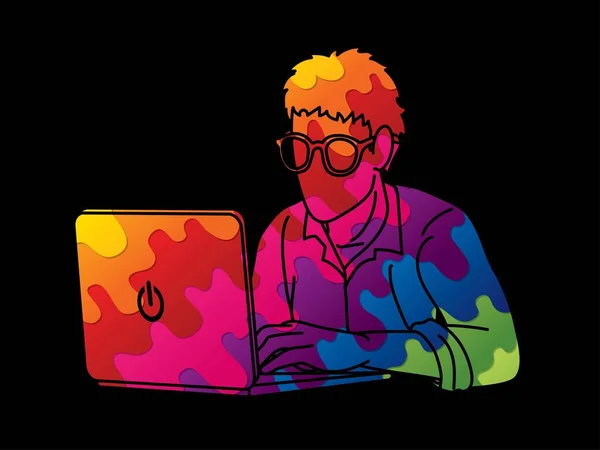 Homem Trabalha Seu Laptop Cartoon Vector Gráfico —  Vetores de Stock