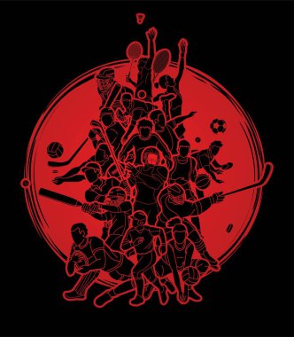 Sports Mix Sport oyuncularının aksiyon çizgi film grafik vektörü