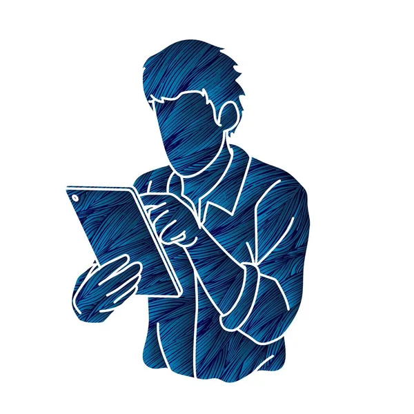 Homem Usando Tablet Digital Cartoon Vector Gráfico — Vetor de Stock