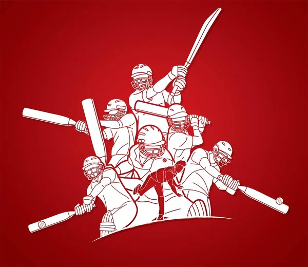Grupo Jogadores Críquete Ação Desenho Animado Esporte Gráfico Vetor — Vetor de Stock