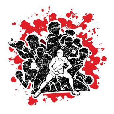 Masa tenisi oyuncuları grubu, masa tenisi oyuncuları aksiyon çizgi film sporu grafik vektörü.