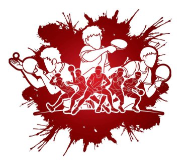 Masa tenisi oyuncuları grubu, masa tenisi oyuncuları aksiyon çizgi film sporu grafik vektörü.