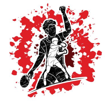 Masa tenisi oyuncuları grubu, masa tenisi oyuncuları aksiyon çizgi film sporu grafik vektörü.