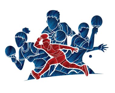 Masa tenisi oyuncuları grubu, masa tenisi oyuncuları aksiyon çizgi film sporu grafik vektörü.