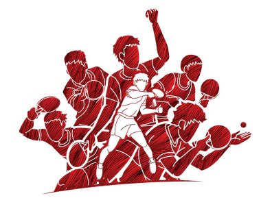 Masa tenisi oyuncuları grubu, masa tenisi oyuncuları aksiyon çizgi film sporu grafik vektörü.