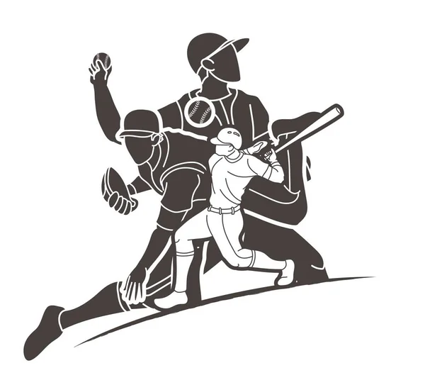 Csoport Baseball Játékosok Akció Rajzfilm Sport Grafikus Vektor — Stock Vector