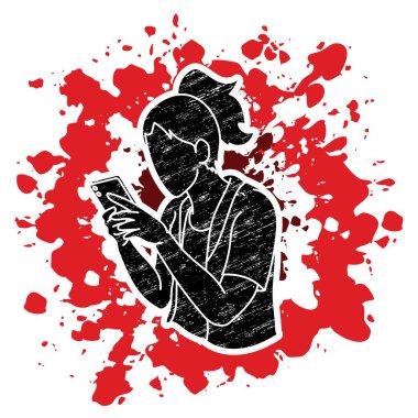 Yazan kadın. Akıllı telefon çizgi film grafik vektörü kullanan kadın..