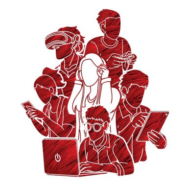 Dijital aygıtlar karikatür grafik vektörü kullanan bir grup insan