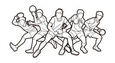 Masa tenisi oyuncuları grubu, masa tenisi oyuncuları aksiyon çizgi film sporu grafik vektörü.