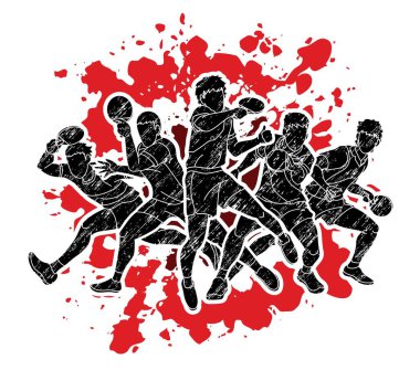 Masa tenisi oyuncuları grubu, masa tenisi oyuncuları aksiyon çizgi film sporu grafik vektörü.