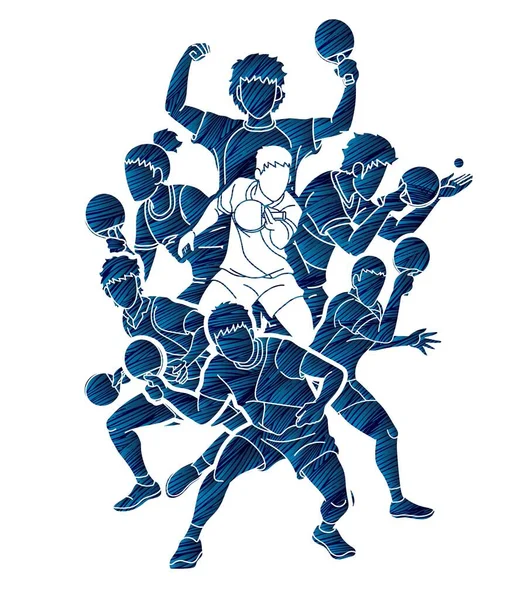 ピンポン選手のグループ 卓球選手アクション漫画スポーツグラフィックベクトル — ストックベクタ