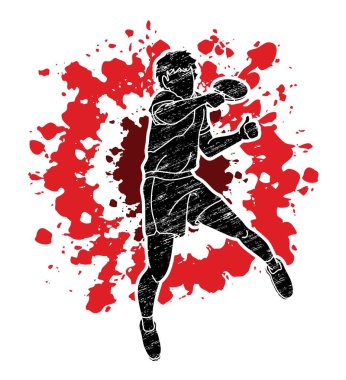 Masa tenisi oyuncusu, masa tenisi aksiyon çizgi film grafik vektörü