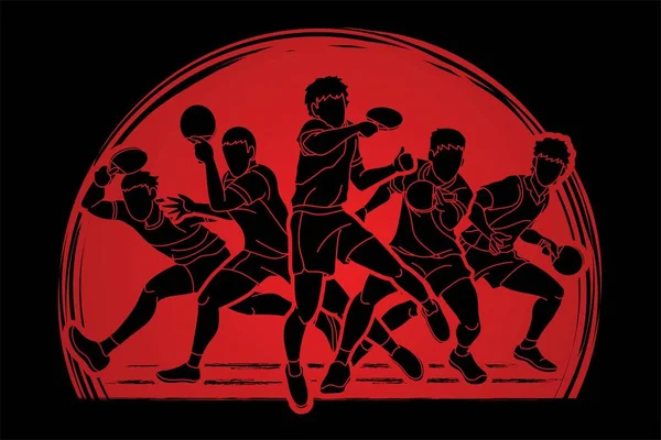 Groupe Joueurs Ping Pong Joueurs Tennis Table Action Dessin Animé — Image vectorielle