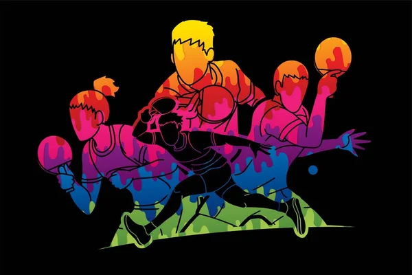 ピンポン選手のグループ 卓球選手アクション漫画スポーツグラフィックベクトル — ストックベクタ