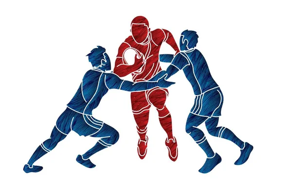 Group Rugby Players Action Cartoon Sport Graphic Vector — ストックベクタ