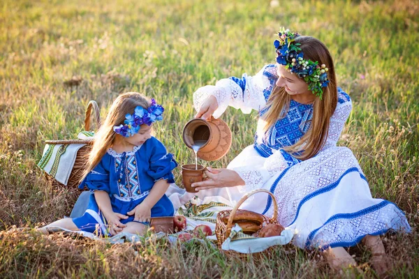 Mor Och Hennes Söta Dotter Ukrainska Nationella Kostymer Picknick Varm — Stockfoto