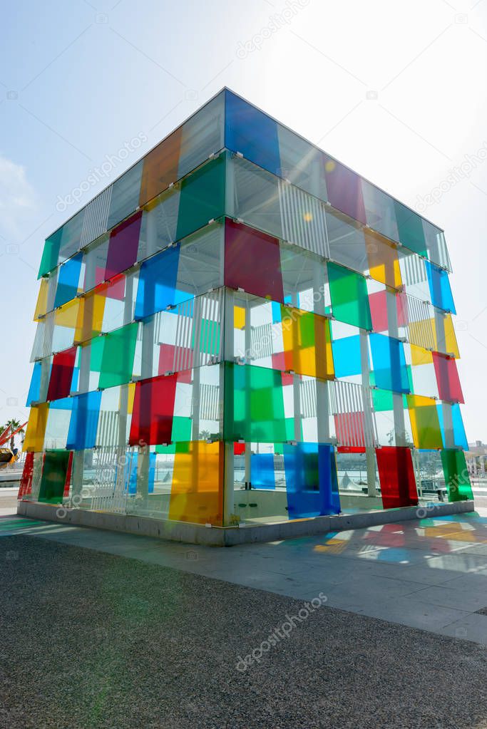 Colorful Abstract Art Architecture Glass Building in Square Shape with Lens Flare