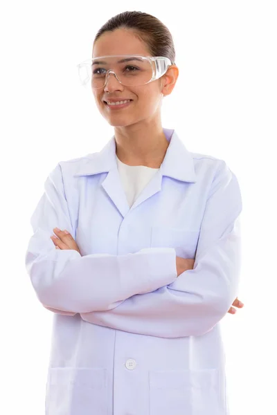 Pensativo Joven Feliz Mujer Médico Sonriendo Mientras Usa Gafas Protectoras — Foto de Stock