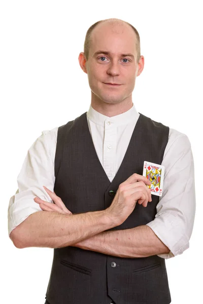 Homem mágico caucasiano careca segurando Jack of Diamonds cartão com um — Fotografia de Stock