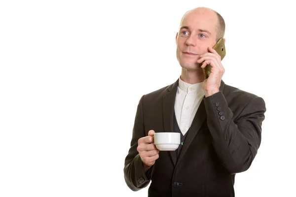 Homem Negócios Careca Segurando Xícara Café Falando Telefone Móvel — Fotografia de Stock