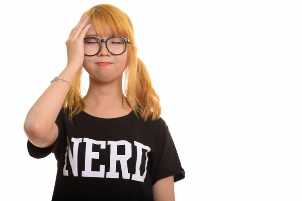 Young Cute Asian Nerd Woman Looking Tired — Stock Photo, Image