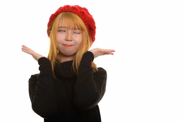 Young Cute Asian Woman Posing Hands Face Winking — Stock Photo, Image