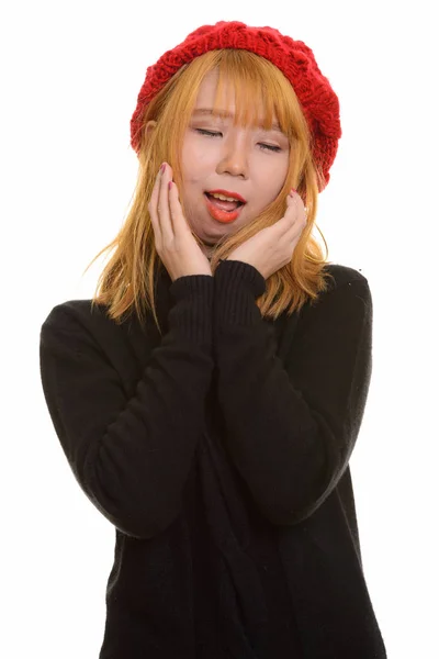 Young Happy Asian Woman Smiling Closed Eyes While Touching Her — Stock Photo, Image