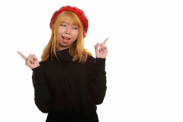 Young Happy Asian Woman Smiling Thinking While Pointing Both Fingers — Stock Photo, Image