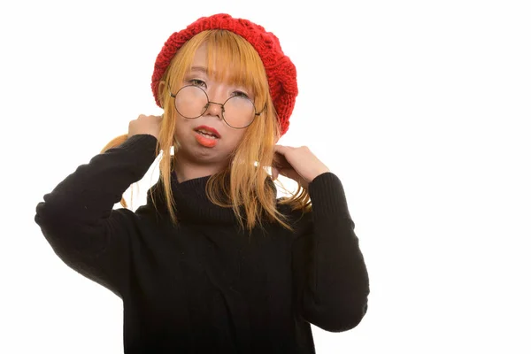 Jong Schattig Aziatisch Vrouw Spelen Met Haar Haar — Stockfoto