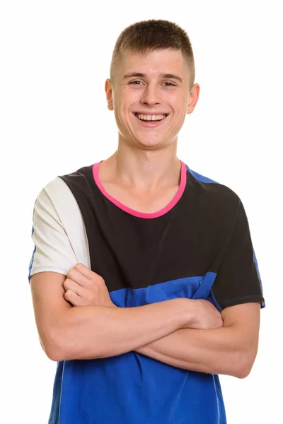 Young happy Caucasian man smiling with arms crossed — Stock Photo, Image