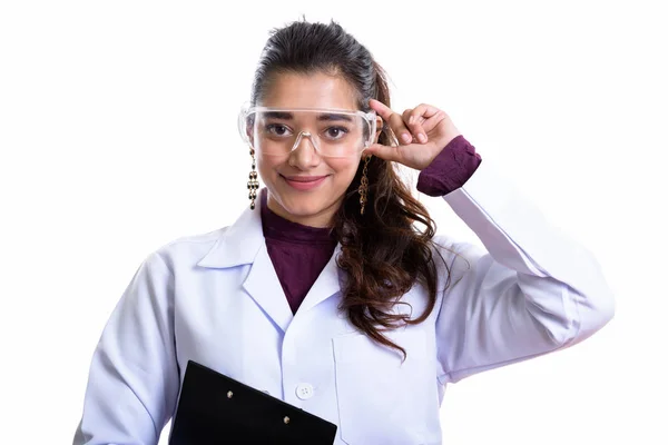 Ung Vacker Indisk Kvinna Läkare Bär Och Hålla Skyddsglasögon — Stockfoto
