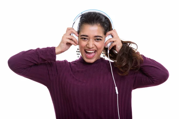 Joven Mujer India Feliz Sonriendo Gritando Mientras Escucha Música Sostiene —  Fotos de Stock