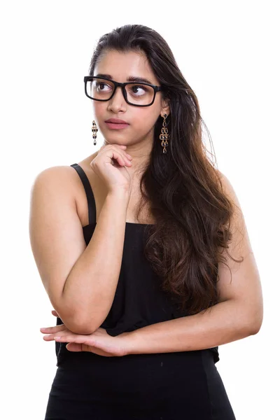 Studio Shot Young Beautiful Indian Woman Thinking While Looking — Stock Photo, Image