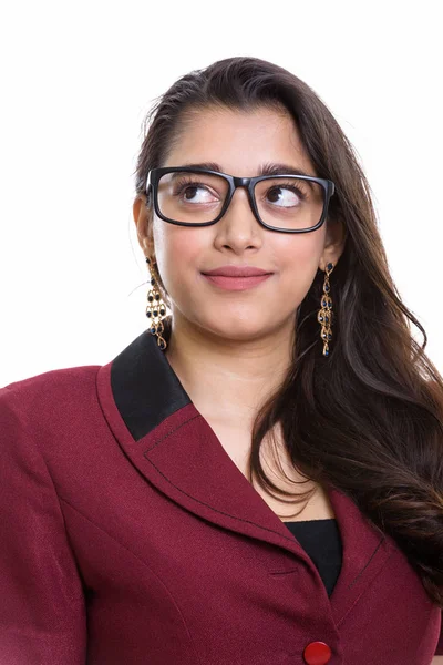 Junge Schöne Indische Geschäftsfrau Denkt Nach Während Sie Nach Oben — Stockfoto