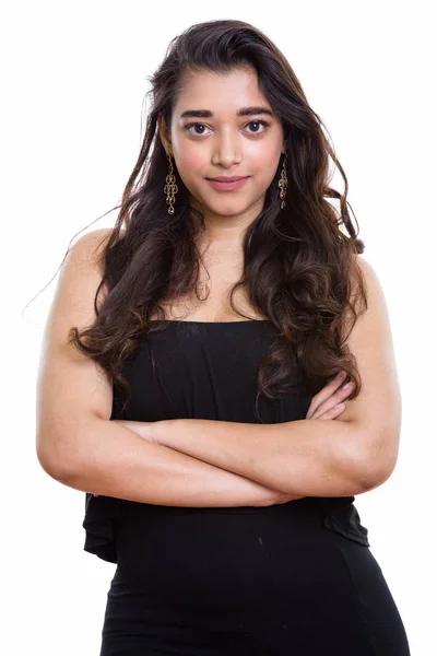 Estúdio Tiro Jovem Bela Mulher Indiana Com Braços Cruzados — Fotografia de Stock