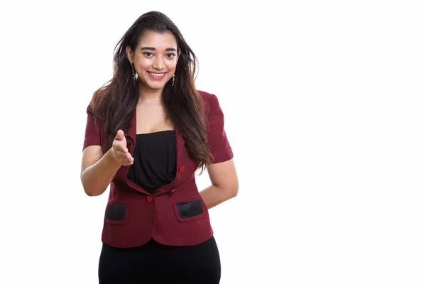 Mladý Šťastný Indický Businesswoman Usměvavý Zatímco Dávat Handshake — Stock fotografie