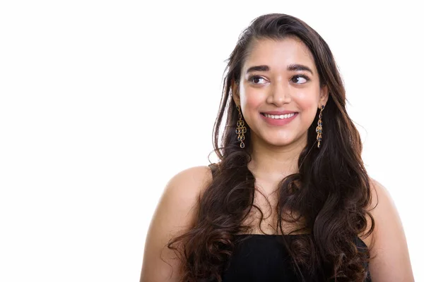 Studio Shot Young Happy Indian Woman Smiling While Thinking — Stock Photo, Image