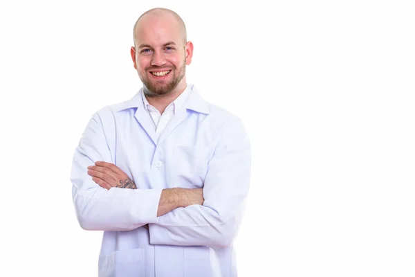 Studio Ditembak Muda Botak Pria Botak Dokter Tersenyum Dengan Lengan — Stok Foto
