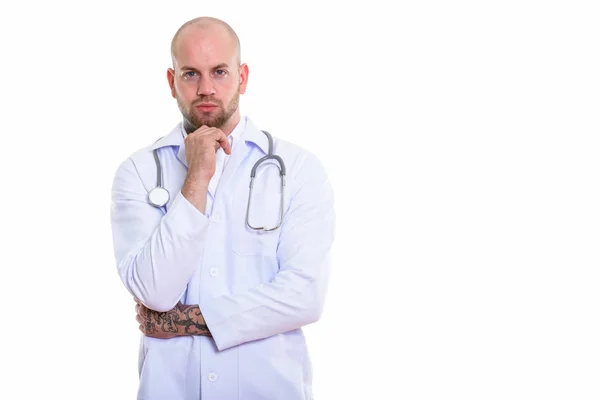 Estudio Tiro Joven Calvo Musculoso Médico Hombre Pensando — Foto de Stock