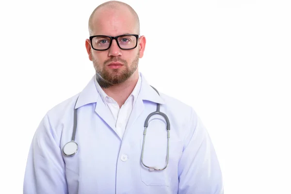 Młody Łysy Muskularny Mężczyzna Lekarz Noszenie Okulary — Zdjęcie stockowe