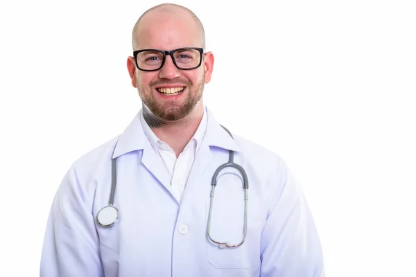 Jovem Homem Muscular Careca Feliz Médico Sorrindo Vestindo Óculos — Fotografia de Stock