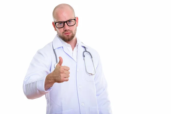 Estúdio Tiro Jovem Careca Muscular Homem Médico Dando Polegar Para — Fotografia de Stock