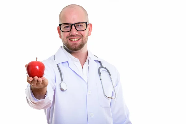 Estúdio Tiro Jovem Feliz Homem Muscular Careca Médico Sorrindo Dar — Fotografia de Stock