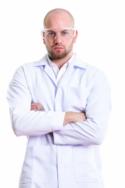 Στιγμιότυπο Από Νεαρό Φαλακρό Μυώδη Άνδρα Γιατρό Που Φοράει Προστατευτικά — Φωτογραφία Αρχείου