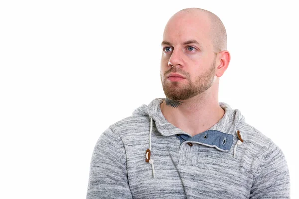 Estúdio Tiro Jovem Homem Muscular Careca Pensando Enquanto Olha Para — Fotografia de Stock