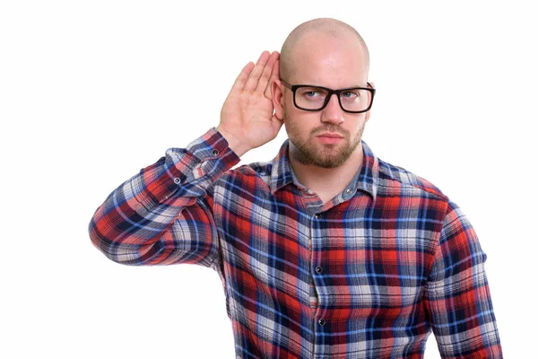 Estúdio Tiro Jovem Homem Muscular Careca Ouvindo — Fotografia de Stock