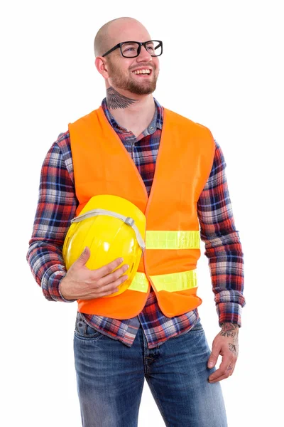 Happy Bald Muscular Man Construction Worker Smiling Thinking While Holding — Stock Photo, Image