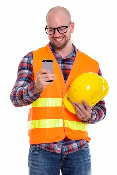 Happy Bald Muscular Man Construction Worker Smiling While Holding Safety — Stock Photo, Image