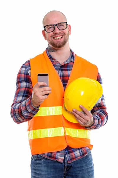 Задумливий Щасливий Лисий Язистий Чоловік Будівельник Посміхається Тримаючи Безпечний Шолом — стокове фото